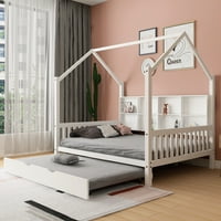 Drvena kućna kreveta pune veličine s tropožanjem, dječji krevet s policom, bijeli