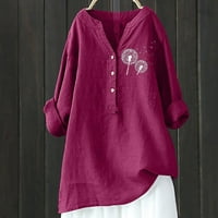 Karlela Ženska štamparija Ležerna majica Dugme dugme V-izrez Pamučni posteljina V-izrez bluz vino, xxxxl