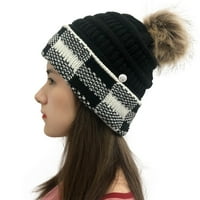 Žene Beanie-plaćeno šivanje vanjski plišani kape Crochet Knit Dugme Beanie Cap crna jedna veličina