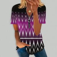 Žene vrhovi Ljetni casual kratki rukav V-izrez Loose grafički grafički otisci pola zip majica ljubičasta