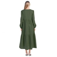 Ženska Boho Maxi haljina dugih rukava V izrez visok gumb s visokim strukom A-line jesen duga haljina