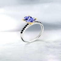 Gem Stone King 0. CT Blue Tanzanite Black Diamond 10k bijeli zlatni prsten sa žutim zlatnim zupcima