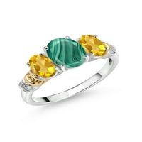 Gem Stone King 2. CT ovalni zeleni malahit žuti citrinski srebrni i 10k žuti zlatni dijamantni prsten