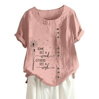 Košulje za žene za žene Pamuk posteljina labava fit Print kratki rukav gumb ubosti ružičasti m