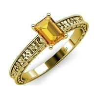 Citrine 7x smaragdni cvjetni ugravirani zaručnički prsten 0. Carat u 14K žutom zlatu .Size 8.5