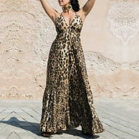 Strugten Ne-pozicioniranje V-Beck Leopard Print Sling bez rukava Duga haljina Maxi haljina za žene