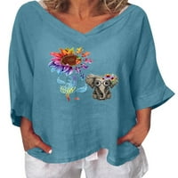 Pfysire Women Ljeto cvjetni slon Ispis V izrez majica casual bluza plava l